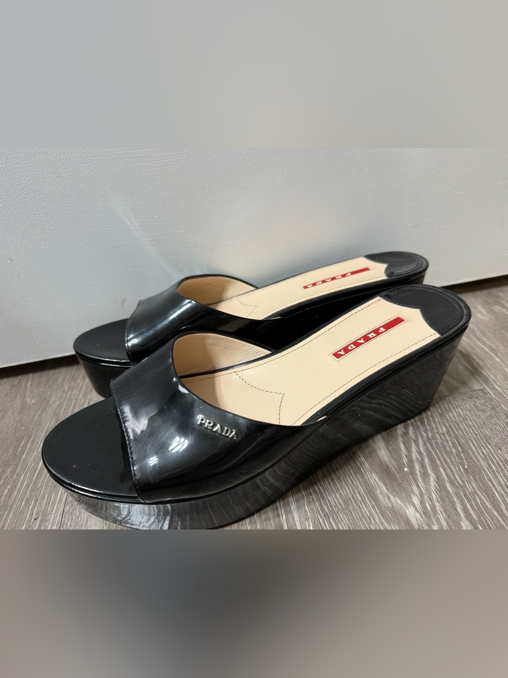 Prada Black Patent Leather Wedge Mules